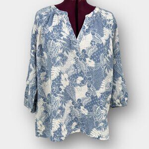 mySTYLE Blue White Floral Split Neck Tunic Blouse Long Sleeve Size 2X